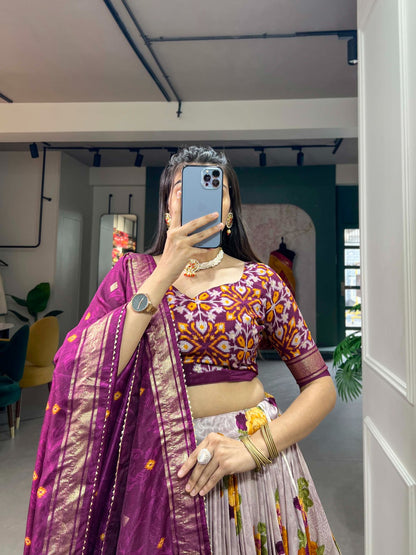 Exquisite Floral Fantasy: Tusser Silk Lehenga Choli with Intricate Print and Dupatta