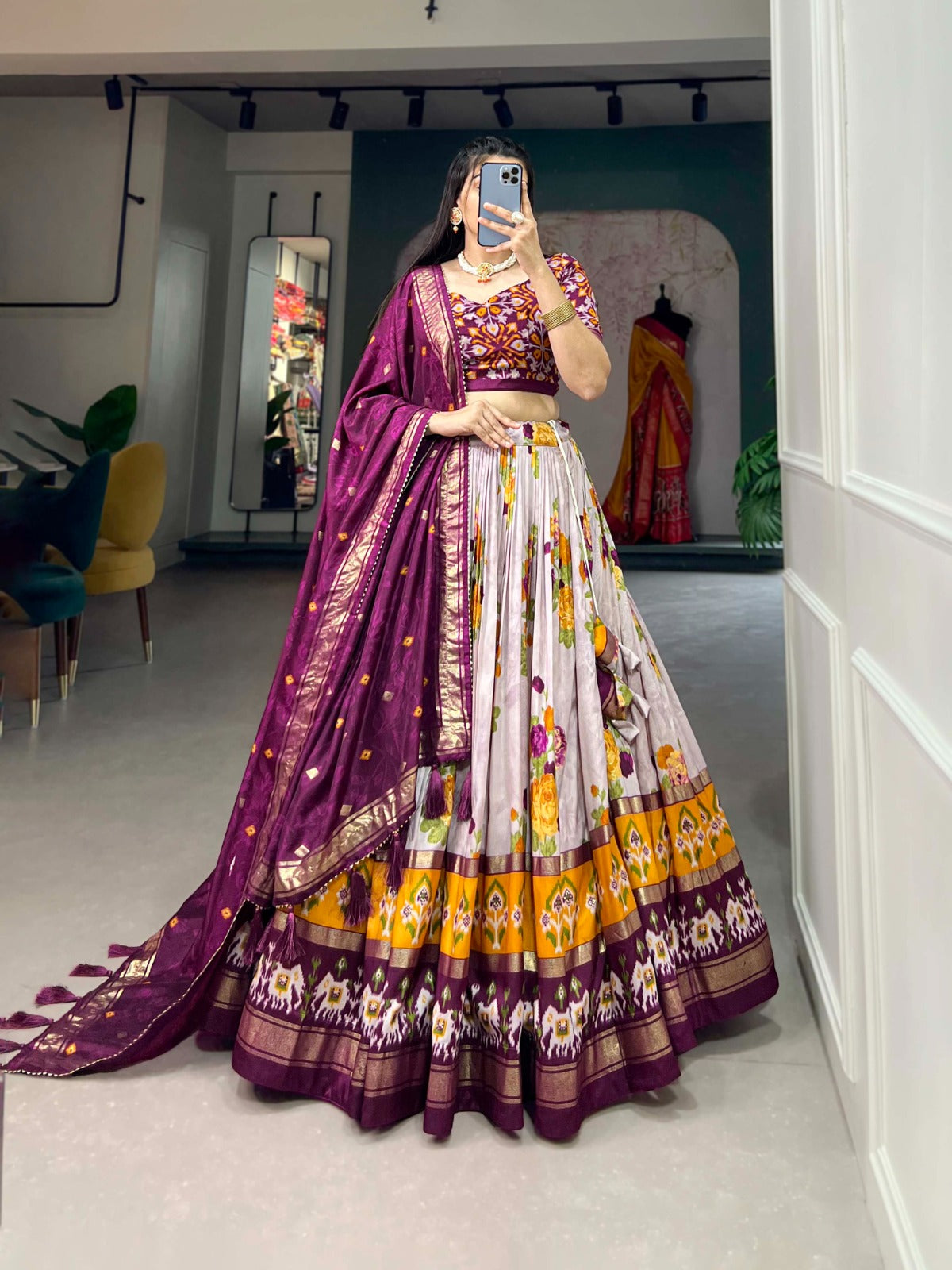 Exquisite Floral Fantasy: Tusser Silk Lehenga Choli with Intricate Print and Dupatta