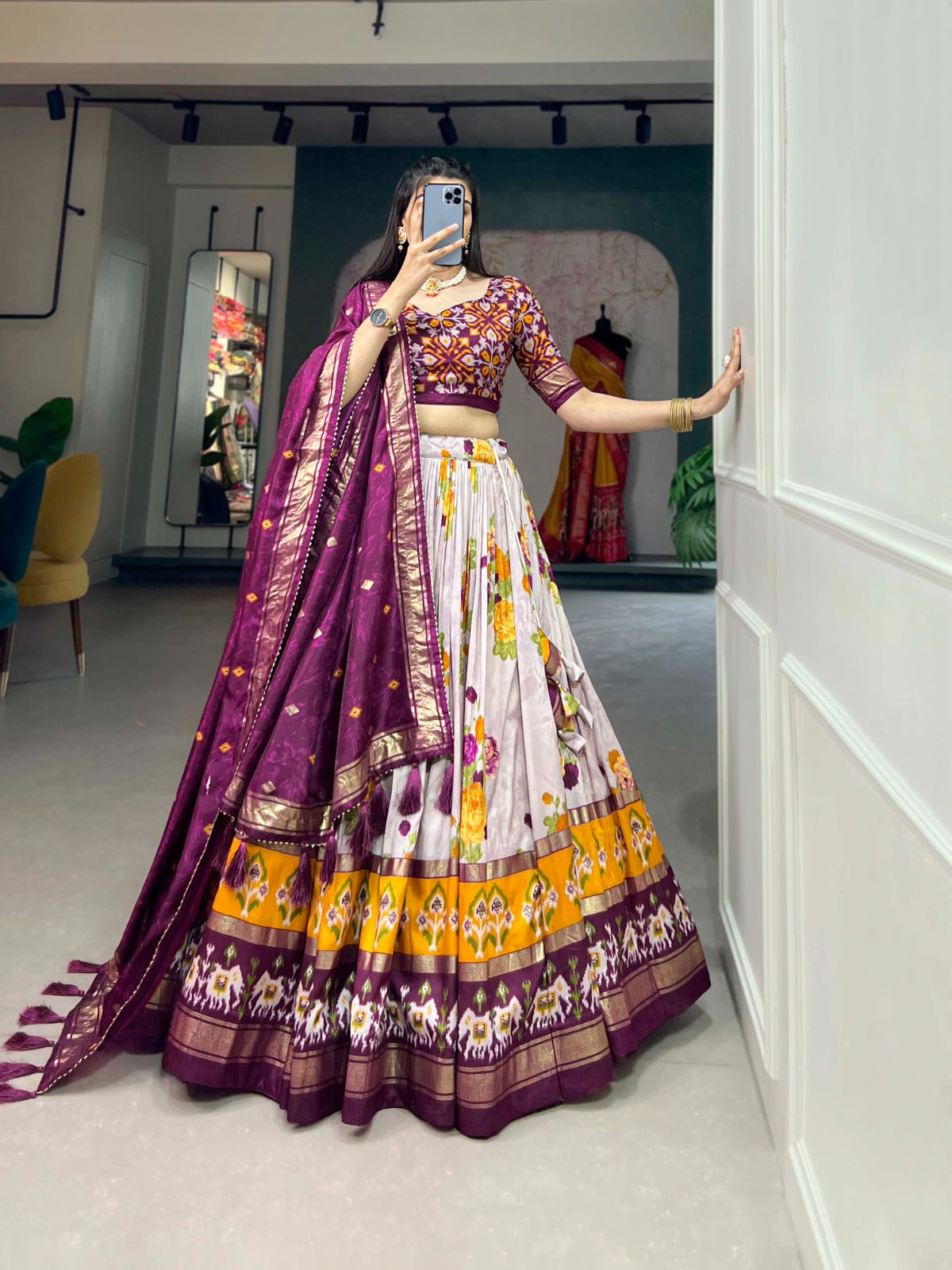 Exquisite Floral Fantasy: Tusser Silk Lehenga Choli with Intricate Print and Dupatta