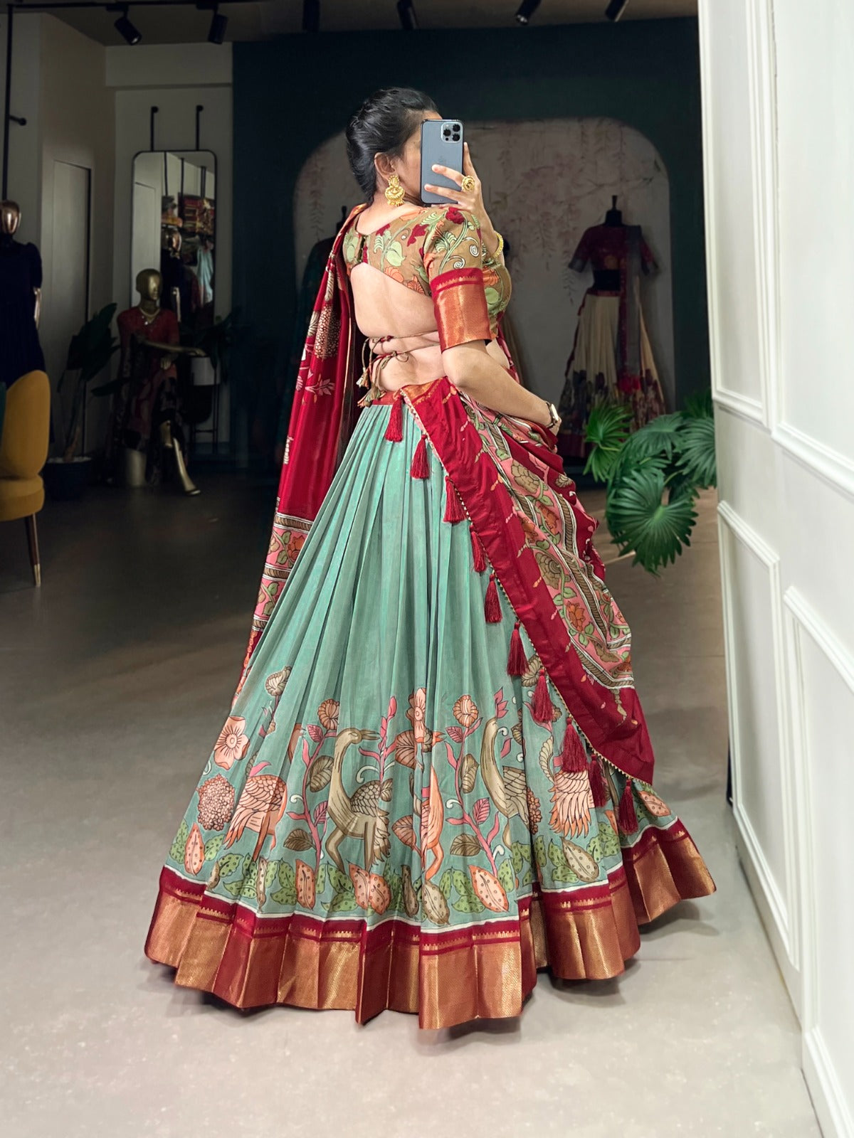 Flared Floral Foil Work Lehenga with Silk Blouse and Tassel Dupatta