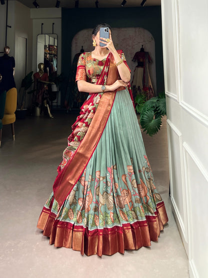 Flared Floral Foil Work Lehenga with Silk Blouse and Tassel Dupatta