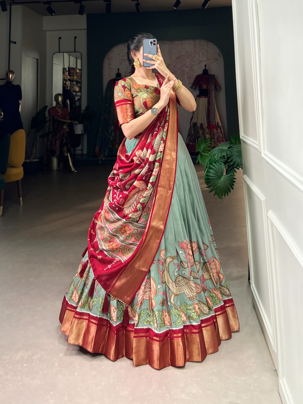 Flared Floral Foil Work Lehenga with Silk Blouse and Tassel Dupatta