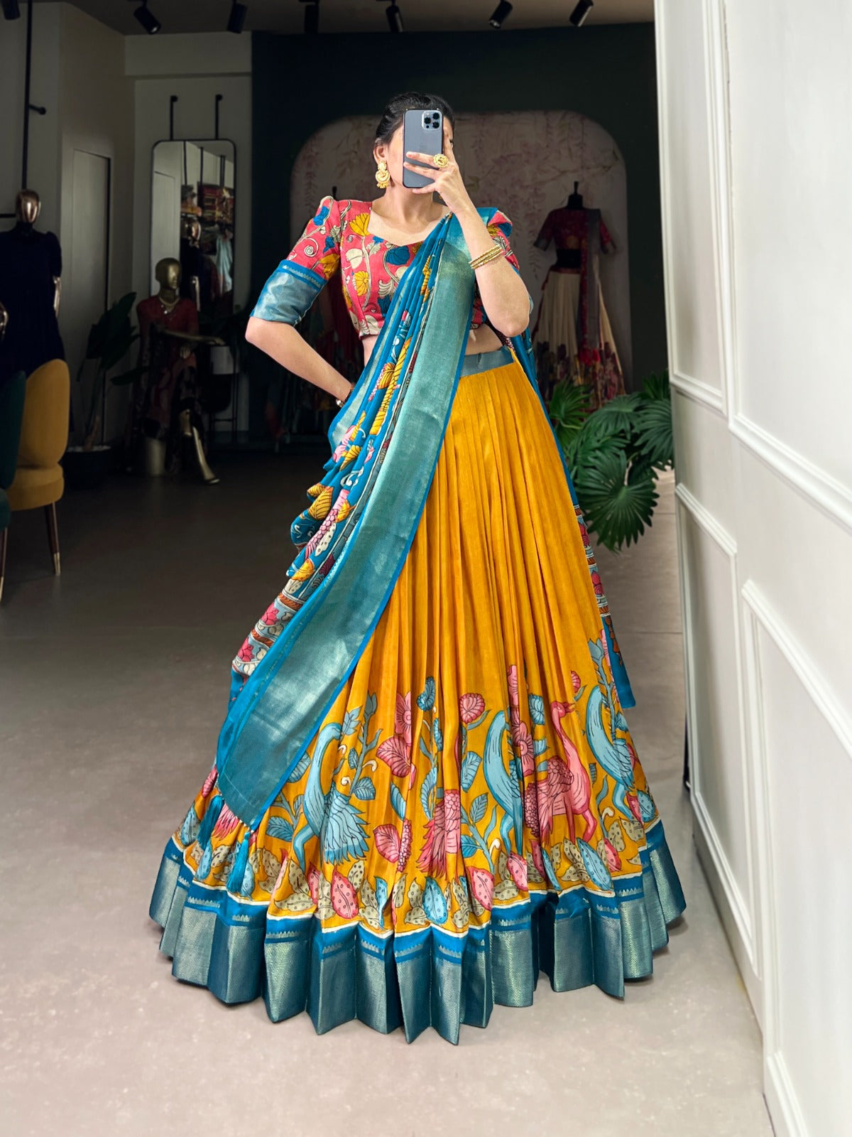 Flared Floral Foil Work Lehenga with Silk Blouse and Tassel Dupatta