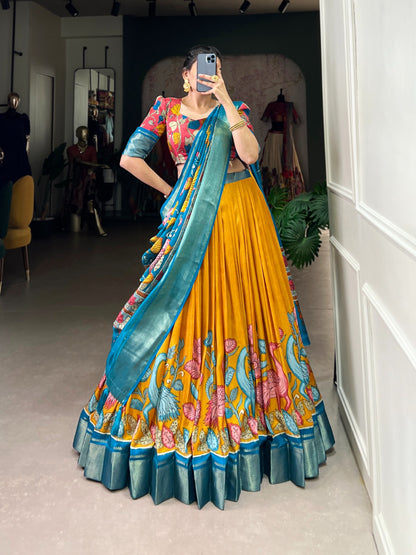 Flared Floral Foil Work Lehenga with Silk Blouse and Tassel Dupatta