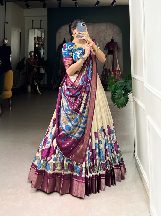 Flared Floral Foil Work Lehenga with Silk Blouse and Tassel Dupatta