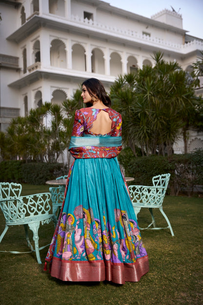 Complete Ethnic Look with Floral Print Tusser Silk Lehenga and Tassels