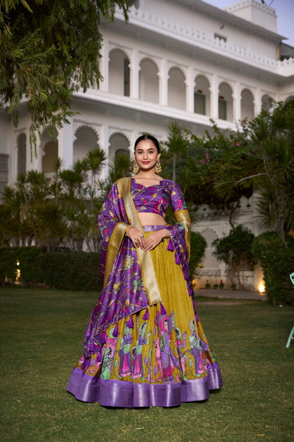 Complete Ethnic Look with Floral Print Tusser Silk Lehenga and Tassels