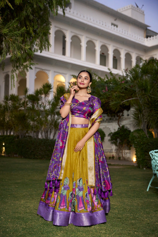 Complete Ethnic Look with Floral Print Tusser Silk Lehenga and Tassels