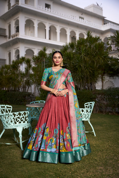 Complete Ethnic Look with Floral Print Tusser Silk Lehenga and Tassels