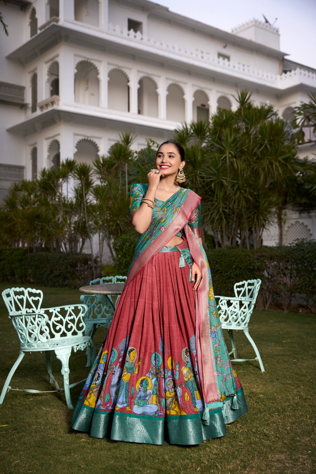 Complete Ethnic Look with Floral Print Tusser Silk Lehenga and Tassels