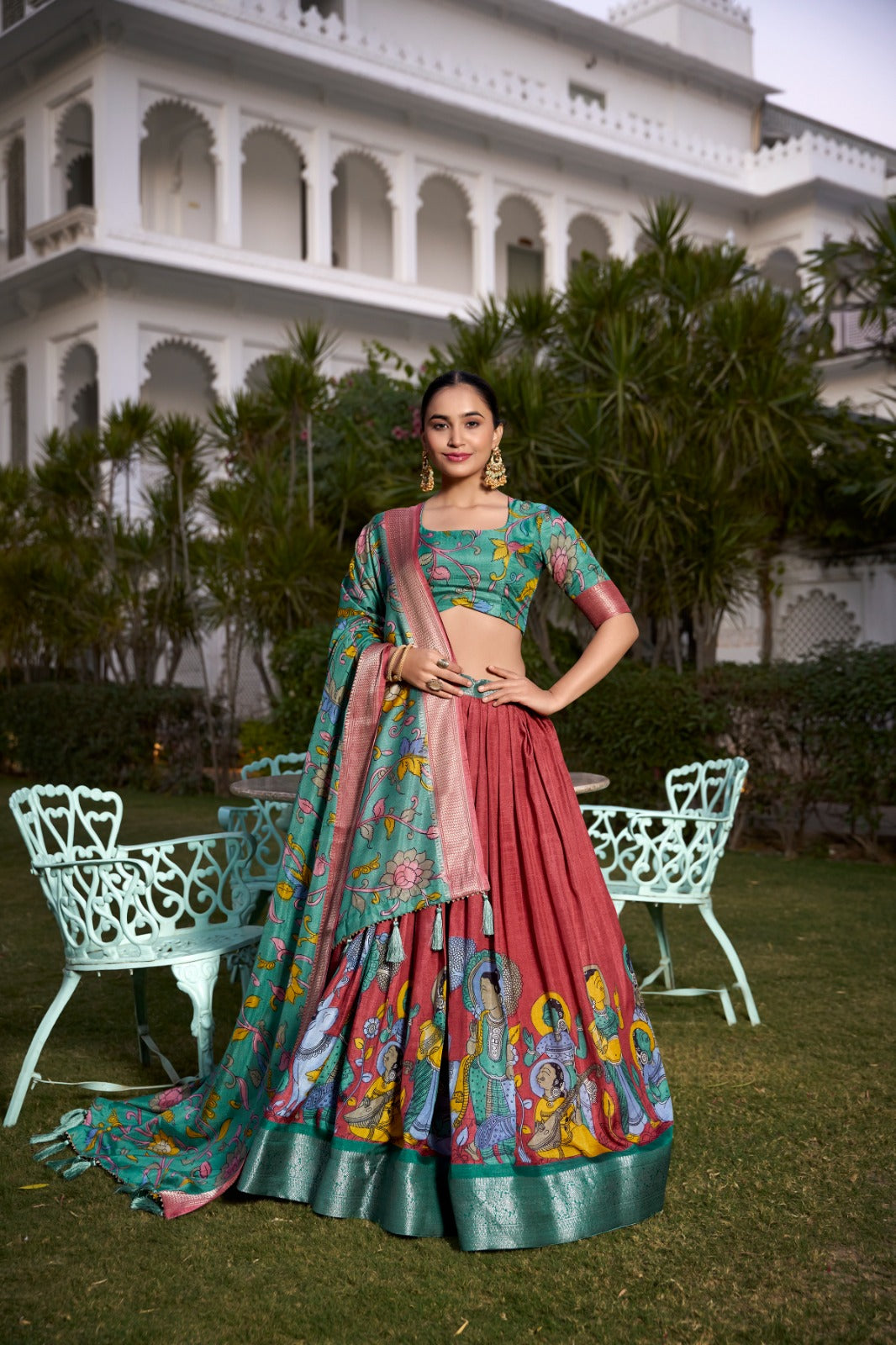 Complete Ethnic Look with Floral Print Tusser Silk Lehenga and Tassels