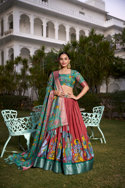 Complete Ethnic Look with Floral Print Tusser Silk Lehenga and Tassels