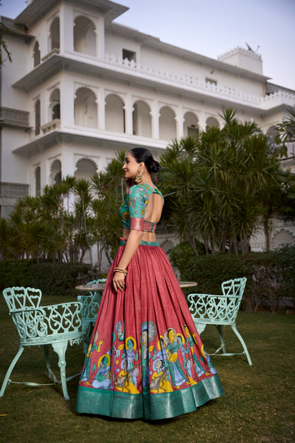 Complete Ethnic Look with Floral Print Tusser Silk Lehenga and Tassels