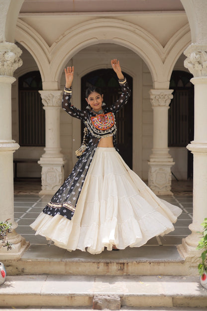 A Designer Bandhani Print Kurti with Kora Cotton Lehenga |