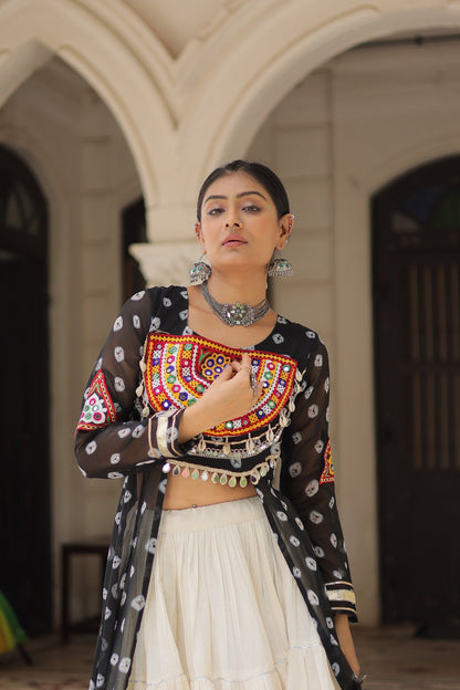 A Designer Bandhani Print Kurti with Kora Cotton Lehenga |