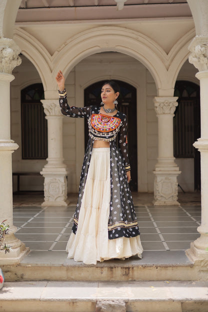 A Designer Bandhani Print Kurti with Kora Cotton Lehenga |