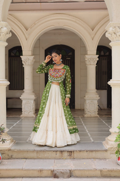 A Designer Bandhani Print Kurti with Kora Cotton Lehenga