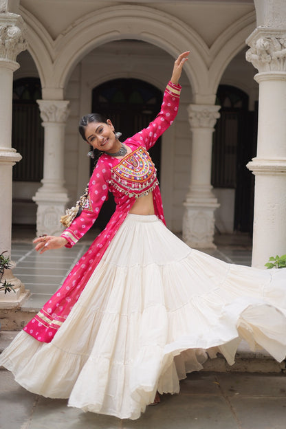 A Designer Bandhani Print Kurti with Kora Cotton Lehenga