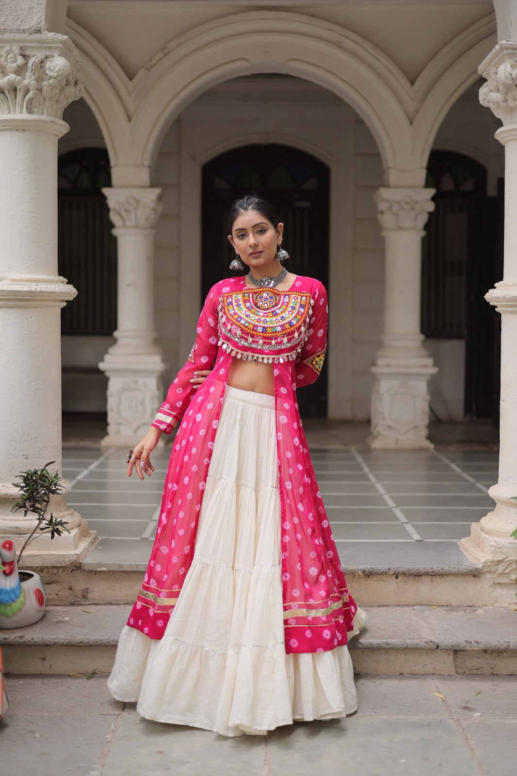 A Designer Bandhani Print Kurti with Kora Cotton Lehenga