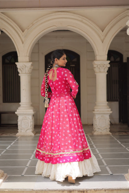 A Designer Bandhani Print Kurti with Kora Cotton Lehenga