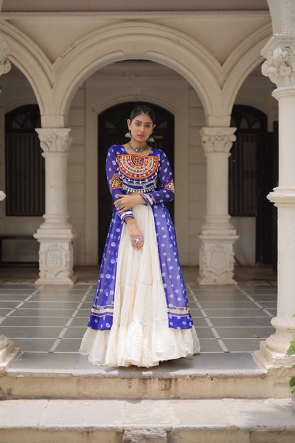 A Designer Bandhani Print Kurti with Kora Cotton Lehenga