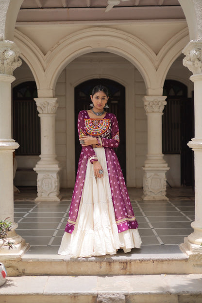 A Designer Bandhani Print Kurti with Kora Cotton Lehenga
