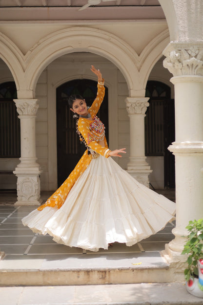 A Designer Bandhani Print Kurti with Kora Cotton Lehenga