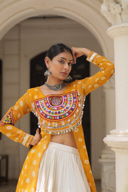 A Designer Bandhani Print Kurti with Kora Cotton Lehenga