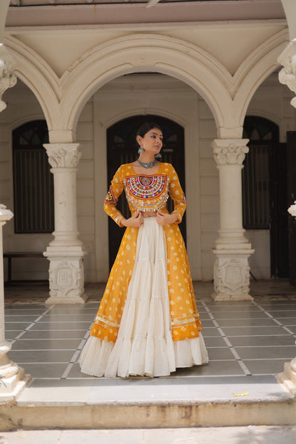 A Designer Bandhani Print Kurti with Kora Cotton Lehenga