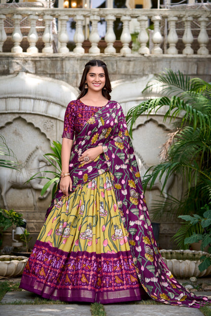Floral Foil Print Tussar Silk Lehenga Choli Set