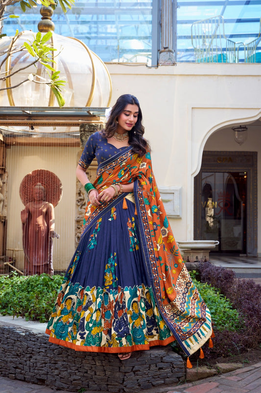 Festive-Ready Designer Chaniya Choli in Printed Tussar Silk with Zip Closure