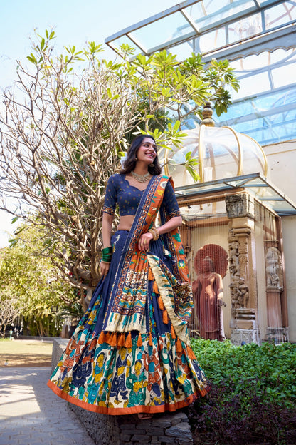 Festive-Ready Designer Chaniya Choli in Printed Tussar Silk with Zip Closure