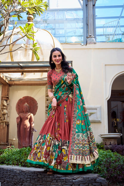 Floral Foil Print Tussar Silk Lehenga Choli Set