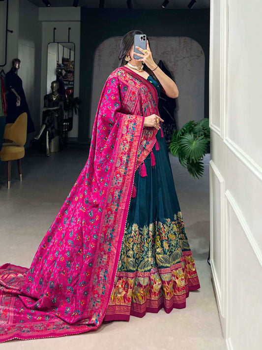 Complete Ethnic Look with Floral Print Tusser Silk Lehenga and Tassels