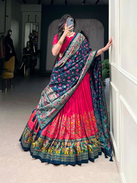 Floral Foil Print Tussar Silk Lehenga Choli Set