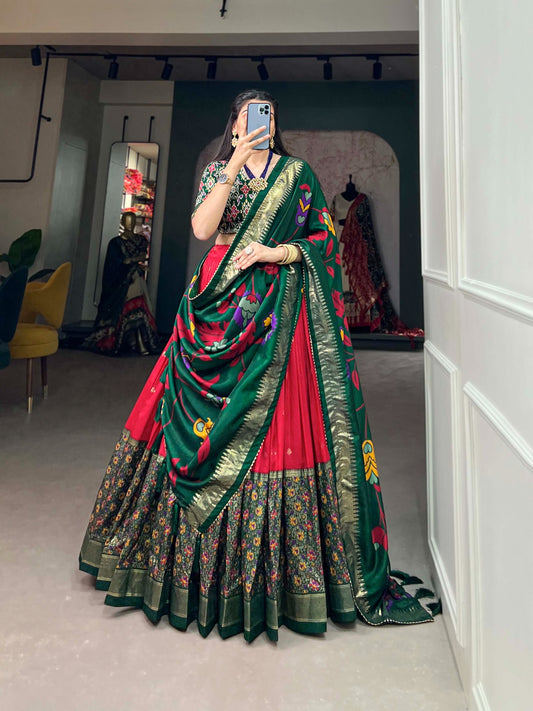 Tussar Silk Floral Lehenga Choli Set with Gotta Patti Border Dupatta