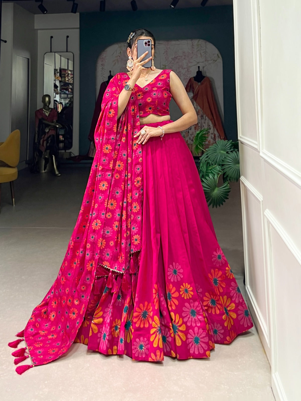 Complete Ethnic Look with Floral Print Tusser Silk Lehenga and Tassels