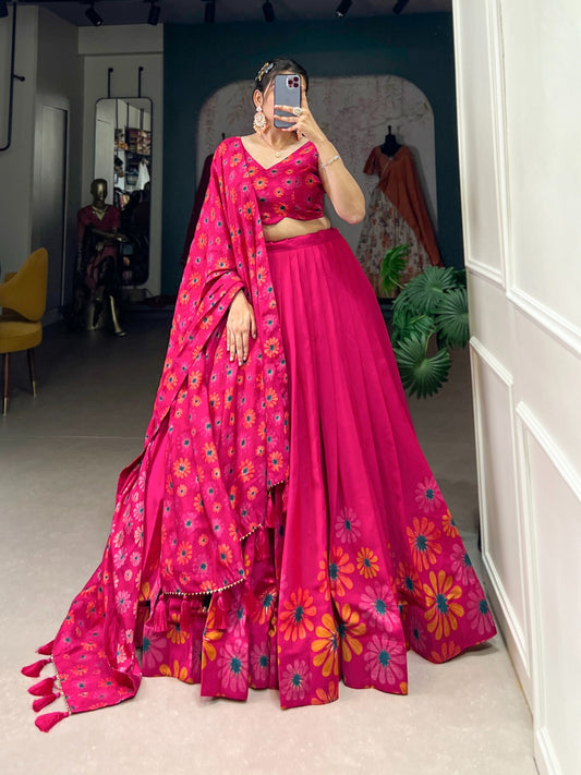 Complete Ethnic Look with Floral Print Tusser Silk Lehenga and Tassels