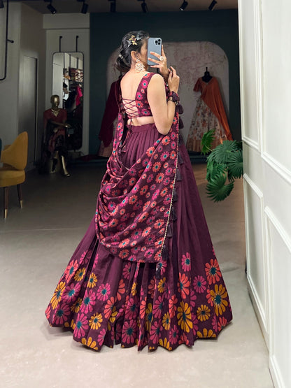 Stitched Silk Lehenga with Floral Work, Tassels, and Canvas Belt Finish