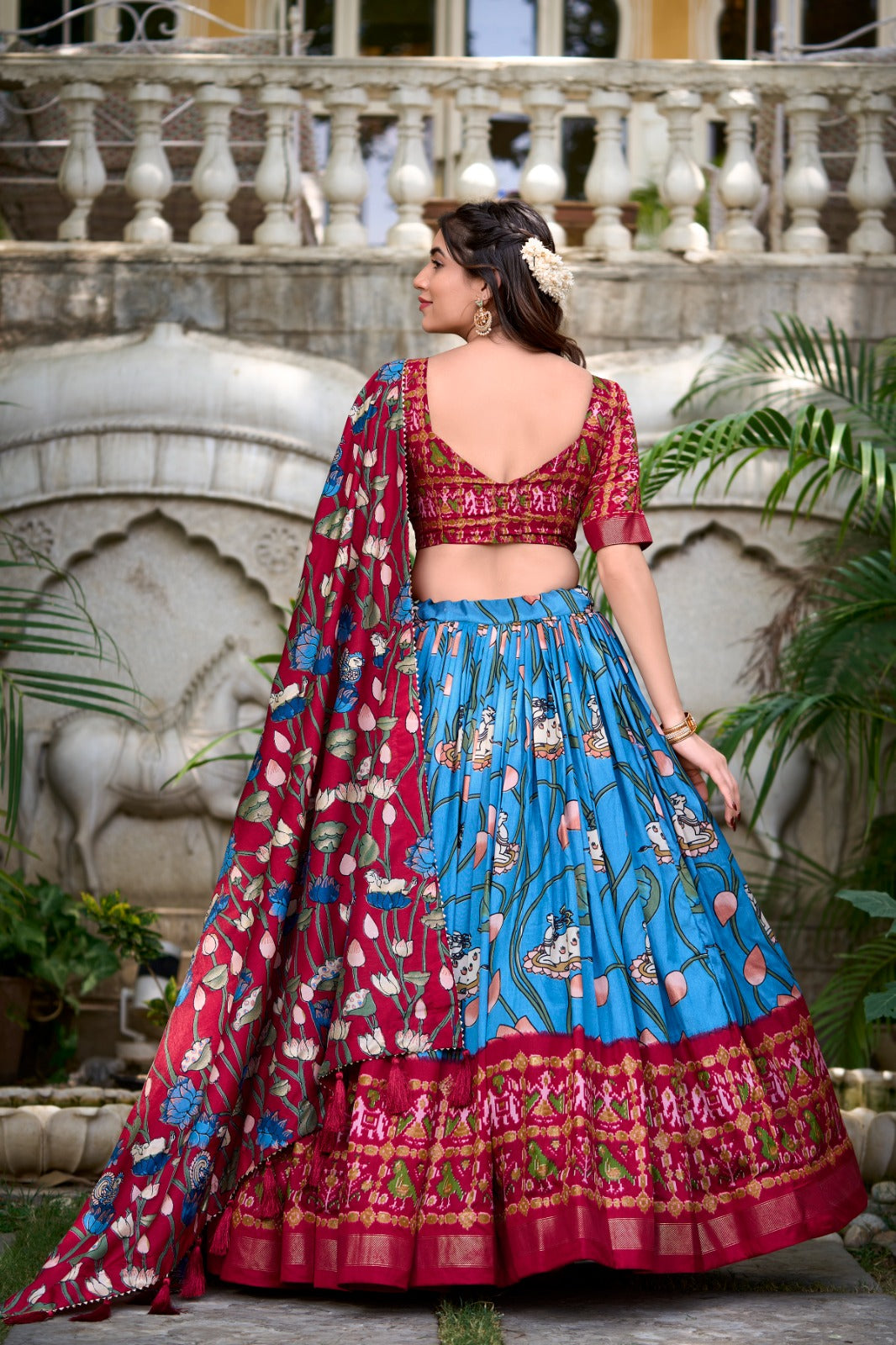 Stylish Tassel Border Dupatta with Floral Printed Silk Lehenga Choli