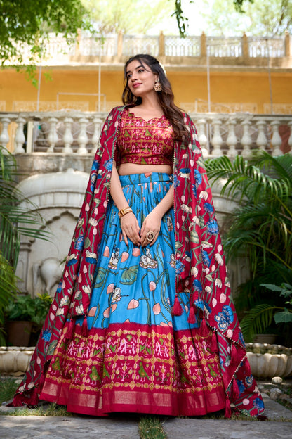 Stylish Tassel Border Dupatta with Floral Printed Silk Lehenga Choli