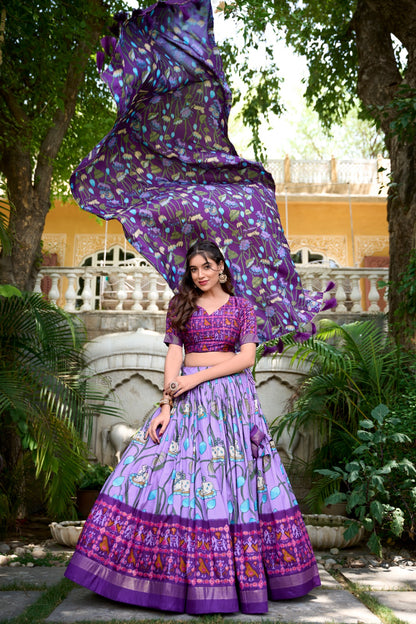 Stylish Tassel Border Dupatta with Floral Printed Silk Lehenga Choli