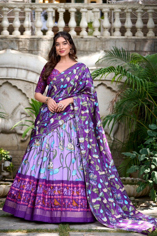Stylish Tassel Border Dupatta with Floral Printed Silk Lehenga Choli