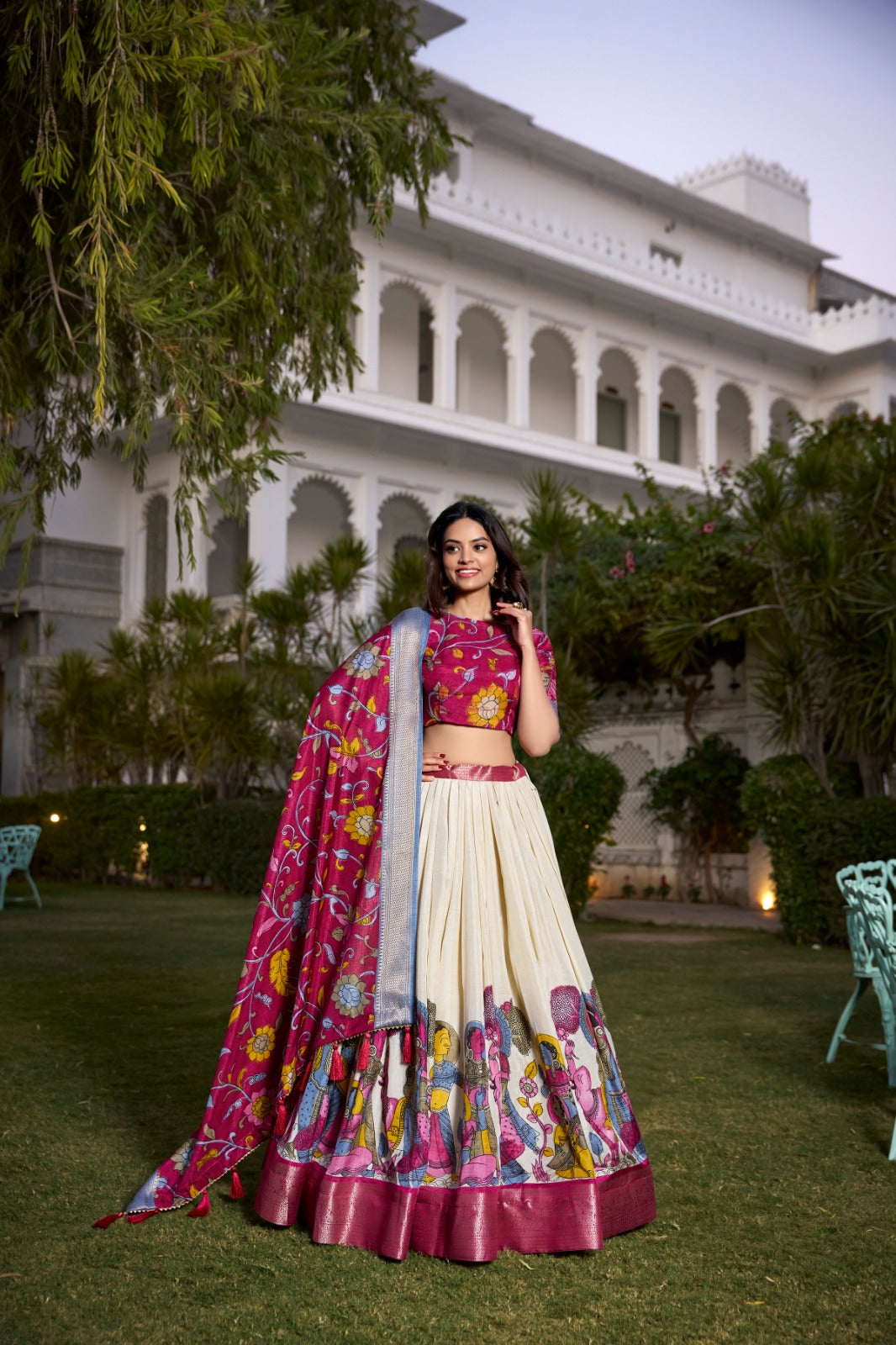 Complete Ethnic Look with Floral Print Tusser Silk Lehenga and Tassels