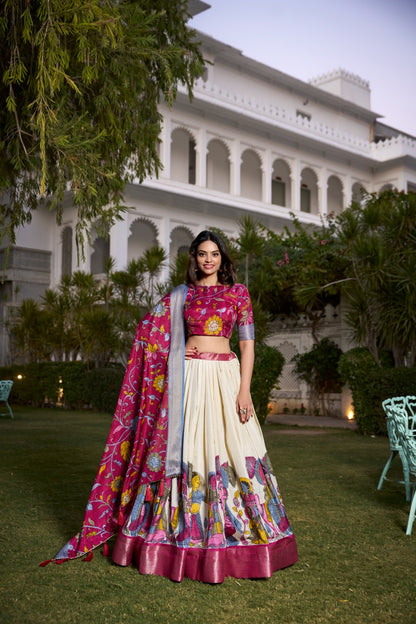 Complete Ethnic Look with Floral Print Tusser Silk Lehenga and Tassels