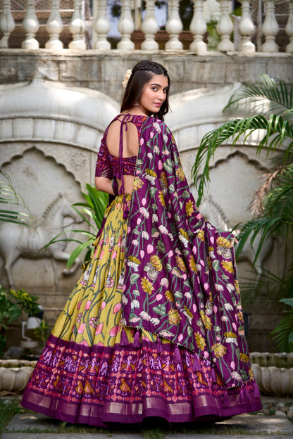 Floral Foil Print Tussar Silk Lehenga Choli Set