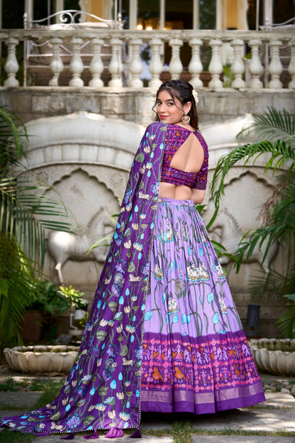 Stylish Tassel Border Dupatta with Floral Printed Silk Lehenga Choli